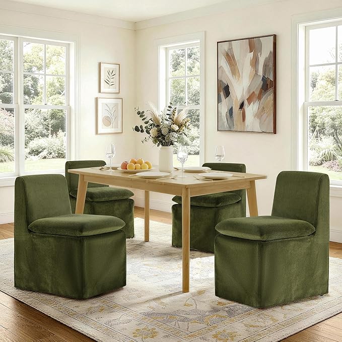 KISLOT Upholstered Dining Chairs Set of 2 with Casters, Modern Armless Kitchen Chairs with Removable Washable Cover, Chenille Velvet Fabric, Sturdy Metal & Wood Frame, 19.5" Seat Height, Green