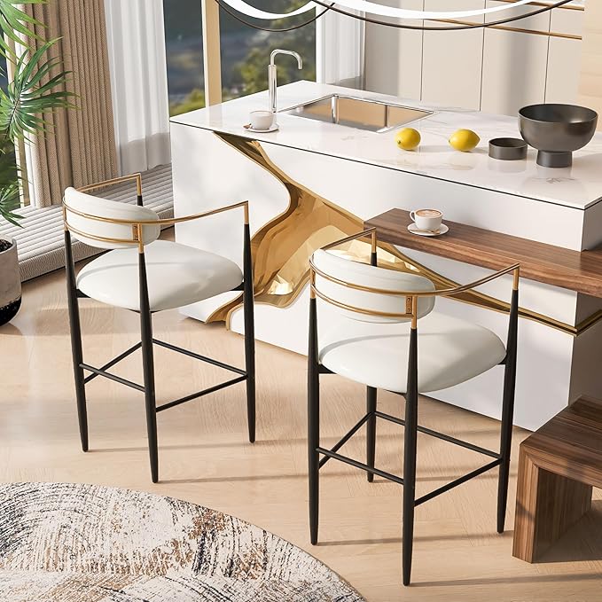Modern Dining Chairs Set of 2, Fabric Upholstered Dining Room Chairs Stylish Kitchen Chairs,2 Counter Height Bar Stools with Backs, Kitchen Island Seating with Iron Legs, 260lbs Capacity,Beige-Iron