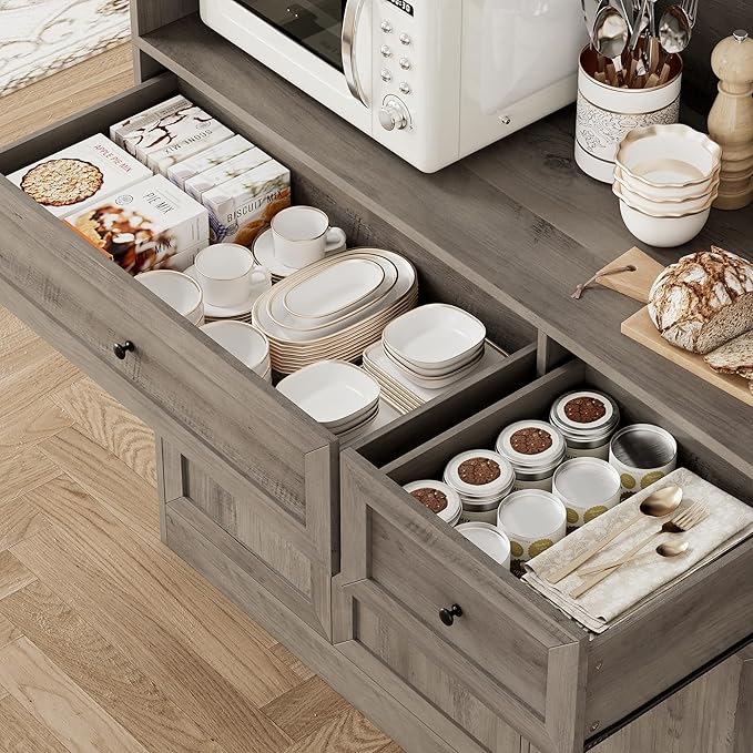 BOTLOG 2PCS Kitchen Cabinets, 71” Large Sideboard Buffet Cabinet with Storage, 72" Tall Pantry Cabinet with Microwave Stand, Wood Coffee Wine Bar Console Table for Kitchen, Dining Room (Ash Gray)
