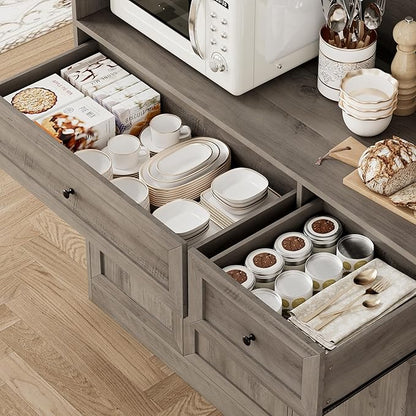 BOTLOG 2PCS Kitchen Cabinets, 71” Large Sideboard Buffet Cabinet with Storage, 72" Tall Pantry Cabinet with Microwave Stand, Wood Coffee Wine Bar Console Table for Kitchen, Dining Room (Ash Gray)
