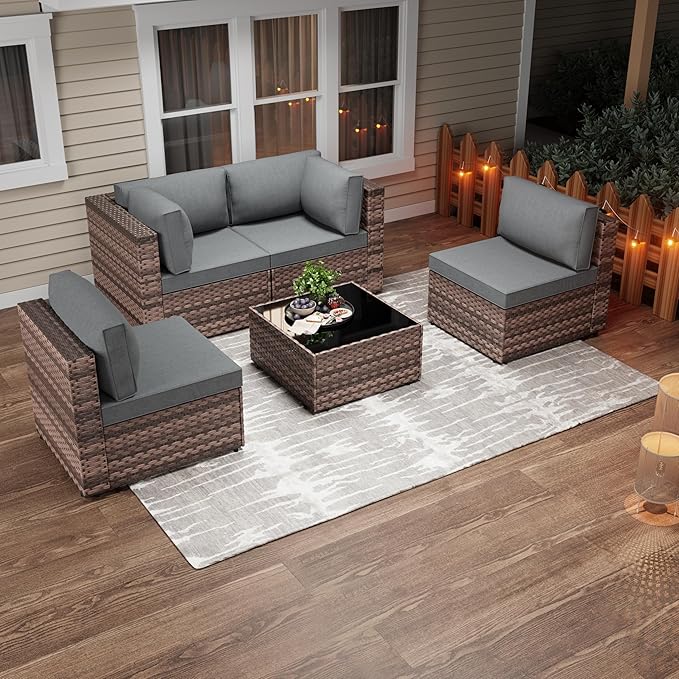 JAMFLY Patio Furniture Sets, 5-Piece Outdoor Patio Furniture with Thick Cushions, Wicker Outdoor Conversation Set Sectional Sofa for Backyard, Poolside, Garden(Grey Cushion)