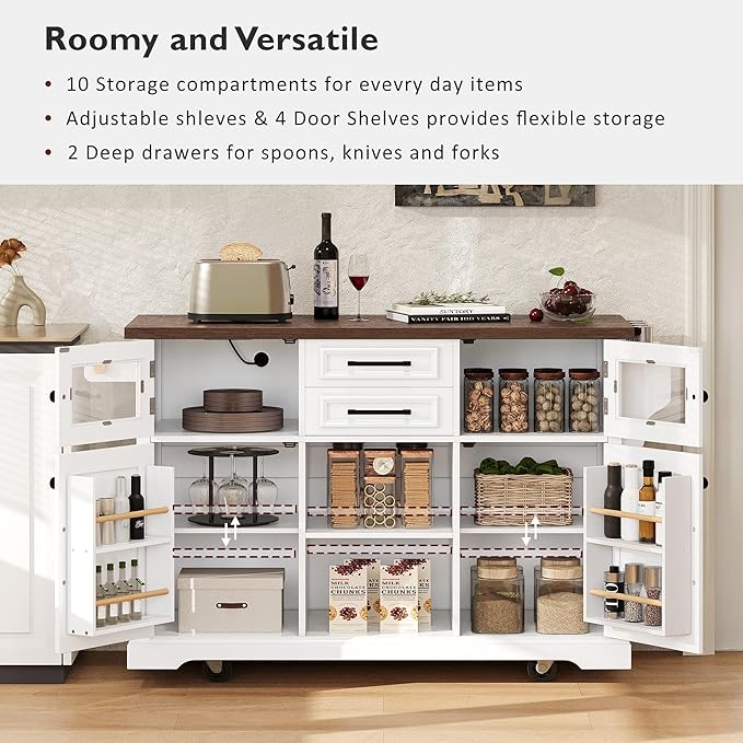 54.9" Kitchen Island with Drop Leaf and Drawers, Rolling Kitchen Cart with Shelves and Storage Cabinet, Kitchen Prep Table on Wheels with Power Outlet and Cross Barn Doors & Visual Glass Door White