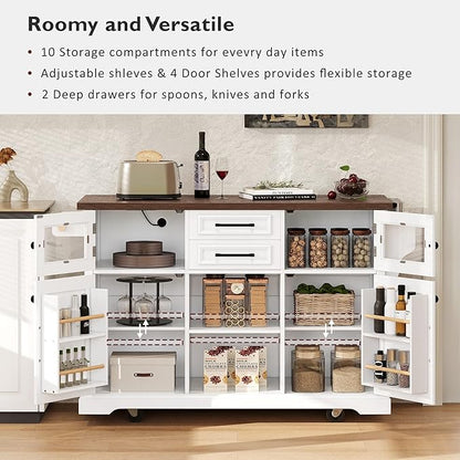 54.9" Kitchen Island with Drop Leaf and Drawers, Rolling Kitchen Cart with Shelves and Storage Cabinet, Kitchen Prep Table on Wheels with Power Outlet and Cross Barn Doors & Visual Glass Door White