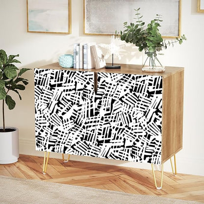 SIGNWIN Sideboard Buffet Cabinet, Kitchen Storage Cabinet with 2 Doors, Black & White Grunge Paint, Cupboard Console Table for Dining Room - 35" L x 18" W x 29" H