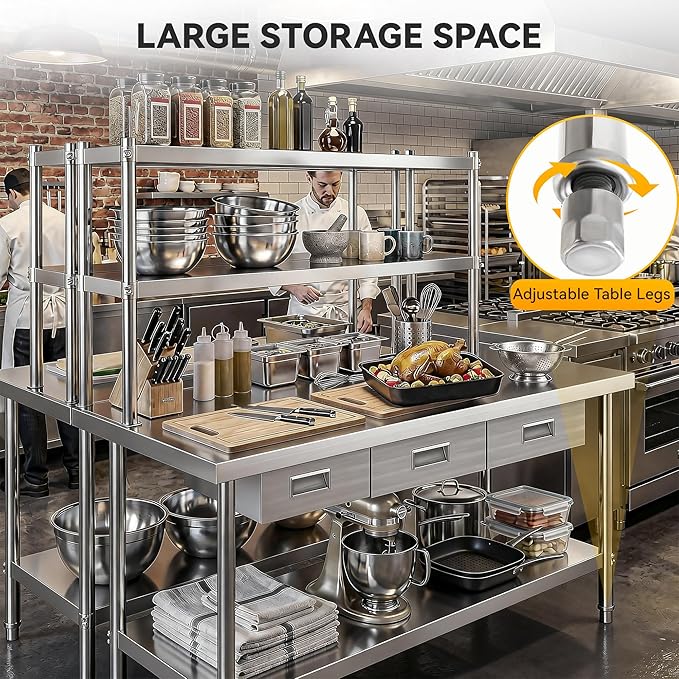 DWVO 60x24in Stainless Steel Table, NSF Metal Prep Worktable with Adjustable Overshelf & 3 Drawers for Kitchen Restaurant Hotel Garage Warehouse Home