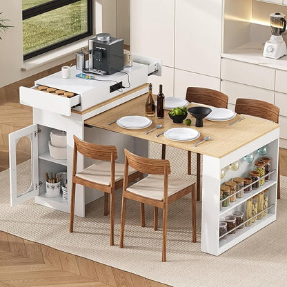 Extendable Dining Table with Folding Leaves & Power Outlet, Convertible Kitchen Island on Wheels with Storage Drawers and Hooks, for Small Spaces (57.70+Creamy White+Natural)