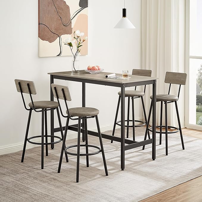 Pub High Dining Table Set 5 PCS Industrial Style Pub Table Set with 4 PU Leather Bar Chairs for Kitchen Breakfast Table Living Room Bar(Grey)