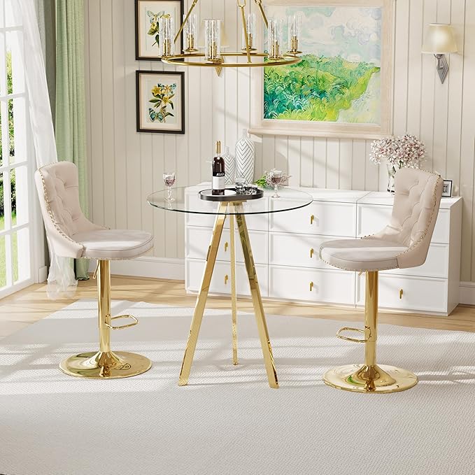 31.5'' Glass Round Bar Table with Stools Set for 2, Modern High Top Pub Table & 2 Adjustable Metal Bar Stool Velvet Swivel Counter Height Bars Chairs (Gold Metal Legs, Clear Top + Beige Chair)