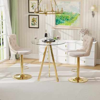31.5'' Glass Round Bar Table with Stools Set for 2, Modern High Top Pub Table & 2 Adjustable Metal Bar Stool Velvet Swivel Counter Height Bars Chairs (Gold Metal Legs, Clear Top + Beige Chair)