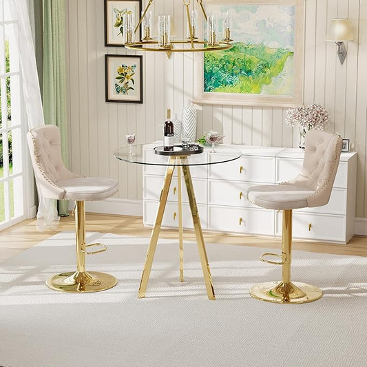 31.5'' Glass Round Bar Table with Stools Set for 2, Modern High Top Pub Table & 2 Adjustable Metal Bar Stool Velvet Swivel Counter Height Bars Chairs (Gold Metal Legs, Clear Top + Beige Chair)
