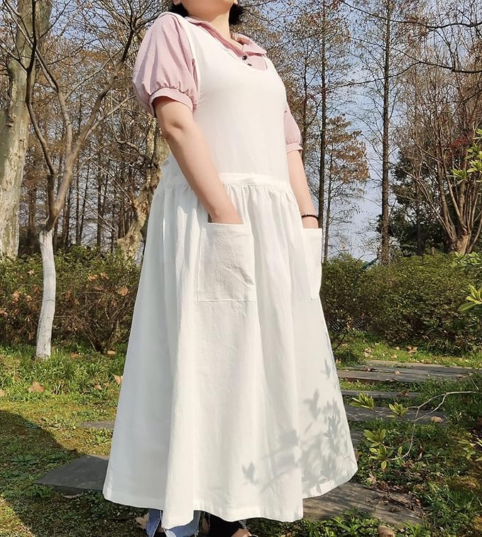 Women Plus Size Cotton Linen Vintage Pleated Split Apron Pinafore Dress with Two Pockets
