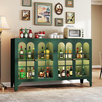 Foreate Sideboard Buffet Cabinet with Glass Door & LED Light, 53.2" Large Buffet Cabinet with Storage & Adjustable Shelf, Farmhouse Sideboard Credenzas Metal Kitchen Buffet, Green