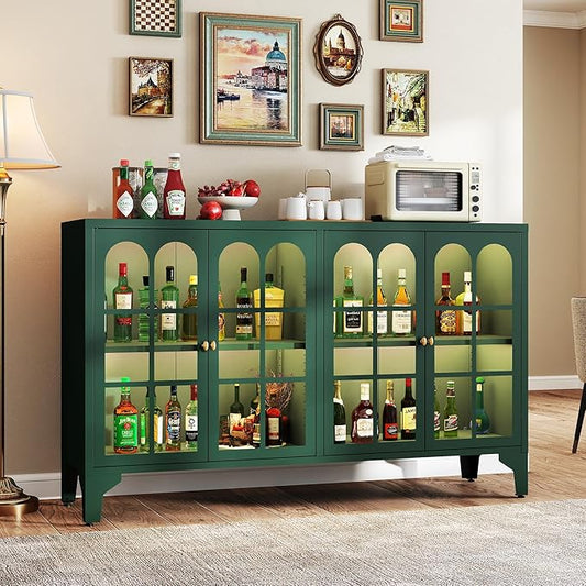Foreate Sideboard Buffet Cabinet with Glass Door & LED Light, 53.2" Large Buffet Cabinet with Storage & Adjustable Shelf, Farmhouse Sideboard Credenzas Metal Kitchen Buffet, Green