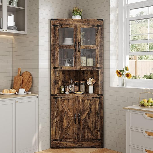 GarveeHome 67" Tall Corner Storage Cabinet, Farmhouse Corner Hutch Display Cabinet with Glass Doors, Wooden Storage Organizer for Kitchen, Living Room, Bathroom, Brown