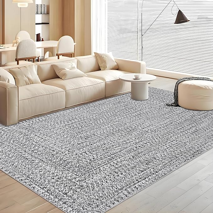 Washable Area Rugs 10x13 Modern Rugs for Bedroom Grey Rug Imitation Braided Soft Large Area Rug Non Slip Throw Rugs Stain Resistant Carpet for Nursery Dining Room Office 10'x13' Light Grey