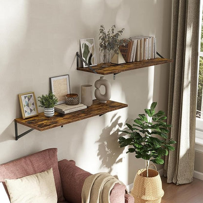 Acovy Deep Floating Shelves Wall Mounted, 36"x12" Brown Wood Shelves with Brackets Set of 2 for Bedroom, Living Room, Bathroom, Kitchen, Office - Storage & Display Shelf for Decor, Books, Plants