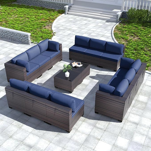 Kullavik 14 Pieces Outdoor Patio Furniture Set PE Wicker Rattan Sectional Sofa Patio Conversation Sets,Navy Blue
