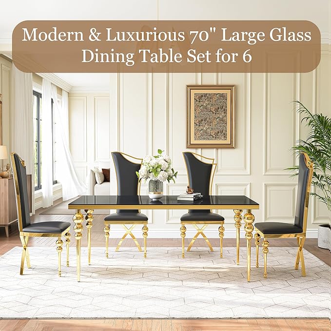 Glass Dining Table Set for 6, Luxurious 70 Inch Rectangular Kitchen Table with Black Tempered Glass Top, 6 Black PU Leather Cushion Chairs for Dining Room, Restaurant, Living Room