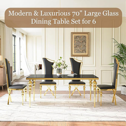 Glass Dining Table Set for 6, Luxurious 70 Inch Rectangular Kitchen Table with Black Tempered Glass Top, 6 Black PU Leather Cushion Chairs for Dining Room, Restaurant, Living Room