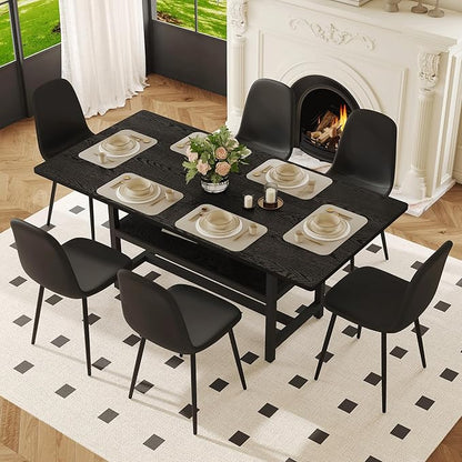 Dining Table Set with Storage and 6 Chairs, 71x35.4 Inch Black Grain Spliced Table with PU Upholstered Seats, Modern Mid-Century Style for Kitchen and Dining Room, Family Gatherings