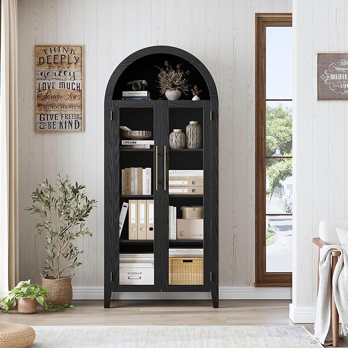 GarveeHome Arched Kitchen Pantry Cabinet - Farmhouse 5 Tier Display Shelf with Adjustable Shelf and 2 Large Glass Doors, Versatile Storage Cupboard for Kitchen, Dining Room, Living Room, Black