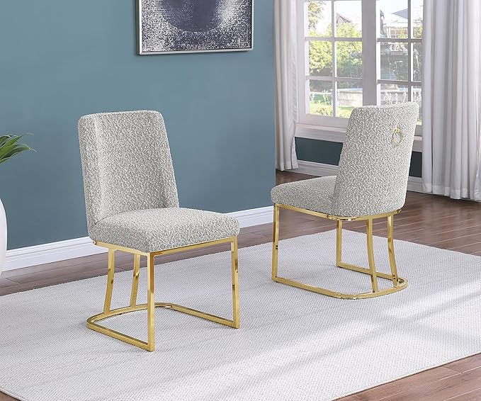 Modern Chairs Set of 2, Chrome Side Chairs & Counter Stools with Ring Pull Back, Luxury Upholstered Chairs for Kitchen Island, Dining Room & Home Bar (Boucle, Rich Gray/Gold, Side Chair)