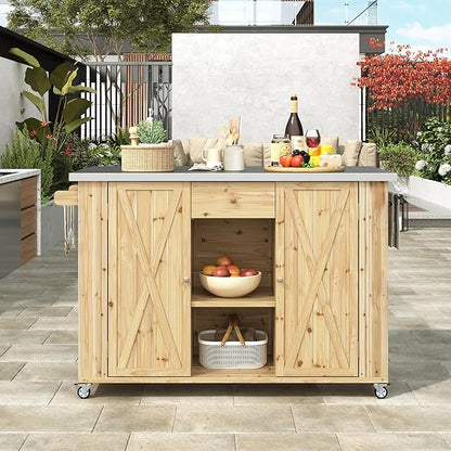 YOPTO Outdoor Kitchen Island Fir Wood Kitchen Island with Stainless Steel Top,Ample Storage Space,Towel and Spice Racks and a Bottle Opener for Outdoor,Natural