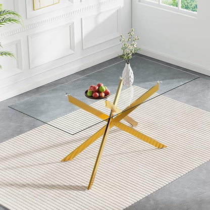 61" Glass Dining Table for 6, Modern Kitchen Dining Room Table with Rectangular Tempered Glass Top and X Metal Legs, Large Gold Glass Dinner Table for Kitchen