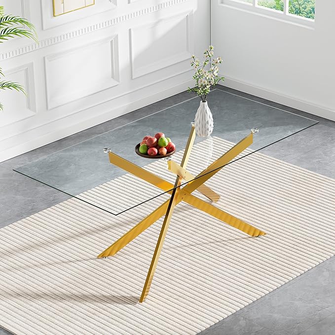 60" Glass Dining Table Modern Kitchen Table for 4-6 People, Contemporary Rectangular Dining Room Dinner Tables with Clear Glass Top & Gold Metal X Legs for Kitchen Apartment