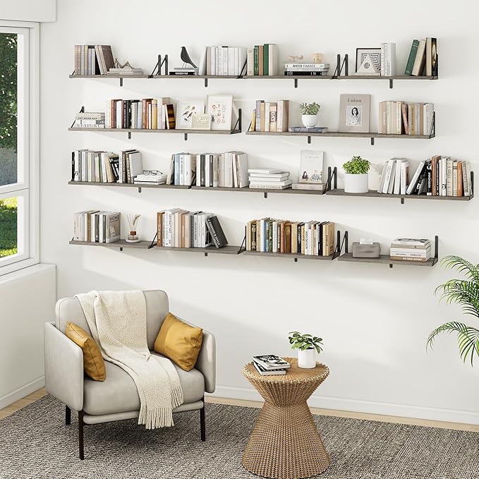 Heimlove Floating Book Shelves for Wall,47.2 Inches Long Wall Mounted Bookshelves,Heavy Duty Bracket Shelves for Living Room Kitchen,Laundry Room Storage & Decor,Set of 3,Silver Grey