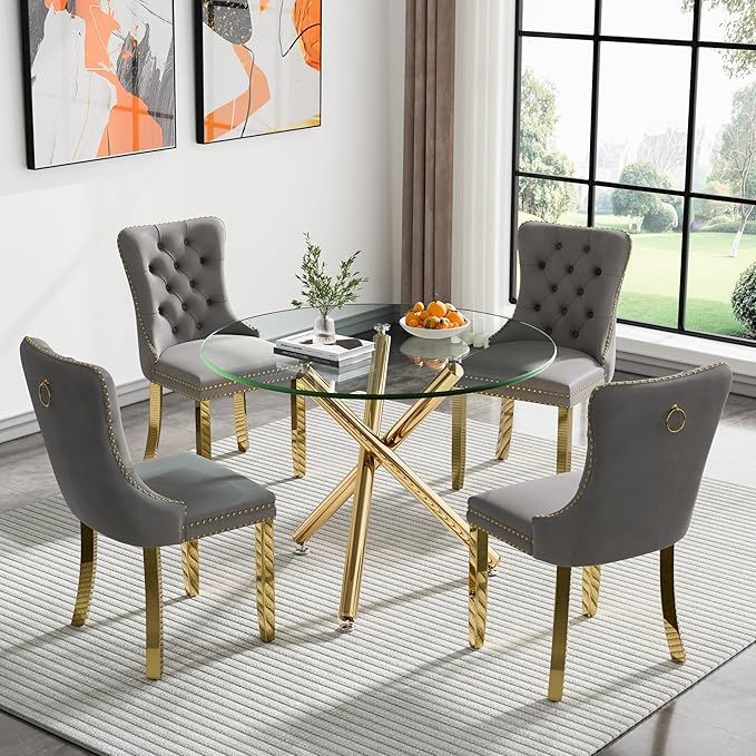 Glass Dining Table,36'' Round Dining Kitchen Table,Modern X-Design Dining Room Table with Gold Metal Base for Dining Room