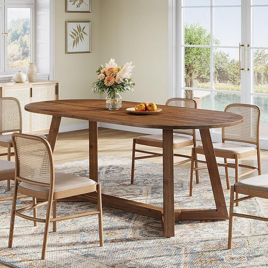 Solid Wood Oval Dining Table for 4-6, 63-Inch Wooden Farmhouse Kitchen Table with Sturdy Tapered Legs for Living Room, Dining Room,Office (Rustic Brown)