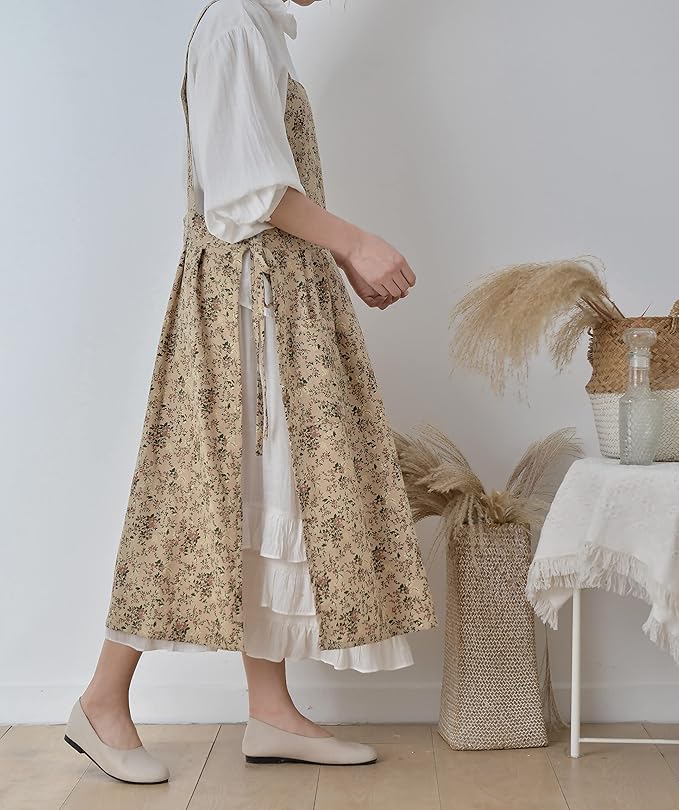 Japanese Cotton Linen Cross Back Apron with Pockets,Fashion Pinafore Dress for Gardening Painting Cleaning Cooking