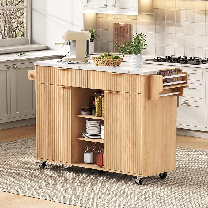 Merax Farmhouse 52 inch Rolling Kitchen Island on Wheels with Drop Leaf Table & Power Outlet, Wood Fluted Kitchen Cart on Wheels with Faux Marble Top, 2 Drawers & Cabinets, 52" Wide Natural