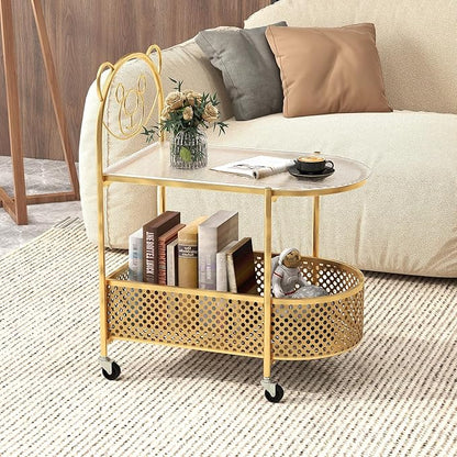 Giantex 2-Tier Modern Bear Pattern Coffee Table, Golden/White Lacquered Finish, Tempered Glass Top, Storage Basket, Wheels