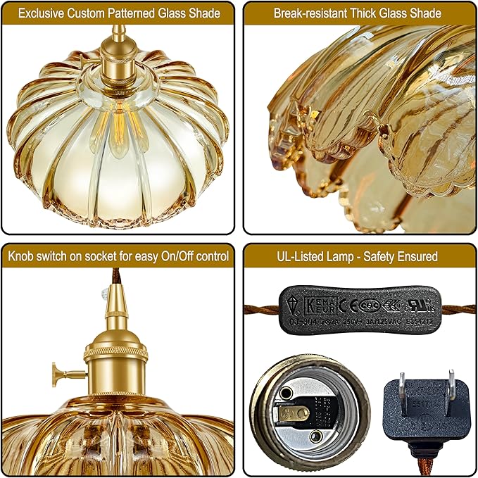Plug-in Pendant Light Fixture, Hanging Light Fixture, Glass Pendant Light, Swag Lamp with Inline On/Off Switch for Kitchen Island, Bedroom, Dining Room, Living Room (Amber Lotus, Plug-in)