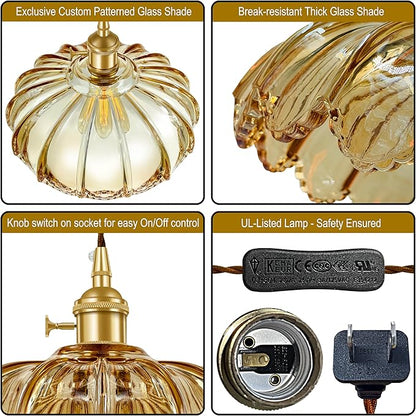 Plug-in Pendant Light Fixture, Hanging Light Fixture, Glass Pendant Light, Swag Lamp with Inline On/Off Switch for Kitchen Island, Bedroom, Dining Room, Living Room (Amber Lotus, Plug-in)