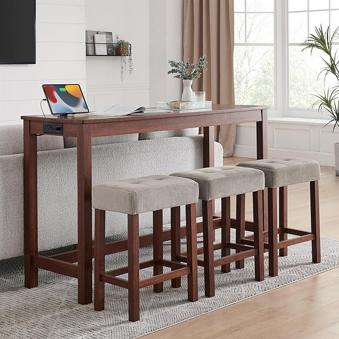 LKTART Bar Table and Chairs Set, 4 Piece Counter Height Bar Table Set with Power Outlet and 3 Upholstered Stools, Industrial Breakfast Table for Living Room, Cherry