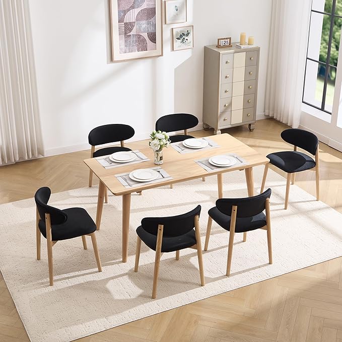 Upholstered Dining Chairs Set of 6, Velvet Fabric Kitchen & Dining Room Chairs with Solid Wood Legs, Modern Armless Side Chairs for Kitchen Island, Living Room, Restaurant (Black, Set of 6)