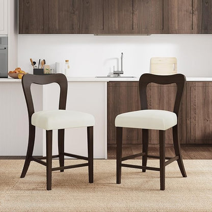 Counter Stools Without Arms Set of 2 (Dark Brown + Beige) - Solid Rubberwood Frame & Fabric Seat, Ergonomic Curved Back, 300LBS Capacity for Kitchen Island, Dining Room, Home Bar