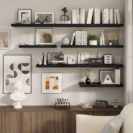 Fun Memories 72 Inch Floating Shelves for Wall, 8 Inch Deep Floating Shelf, Large Shelves with Invisible Bracket for Books|Storage, Rustic Wood Wall Shelf for Bedroom, Kitchen, Living Room, Black