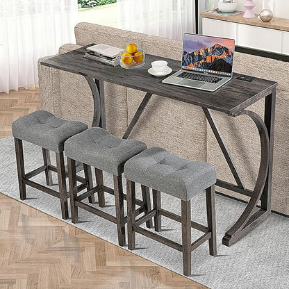 4-Piece Counter Height Table Set with Power Outlet, Wooden Dining Table and 3 Upholstered Stools, Modern Kitchen Pub Set for 4, Dark Gray