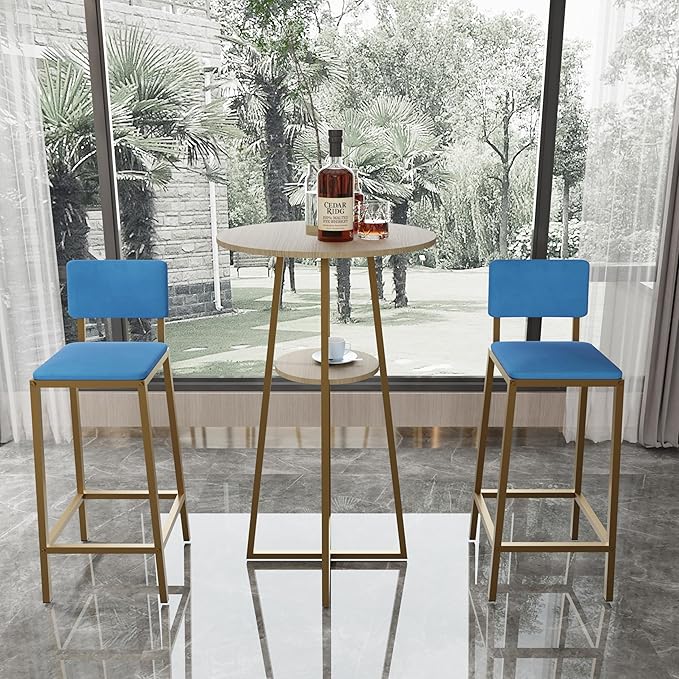 Bar Height Table and Chairs Set-3-Piece Frame Bar Table,Upholstered Chairs, Perfect as Kitchen Table, Kitchen Island Seating,Dining Table with Chairs (Gold+Blue,Gold+Brown)