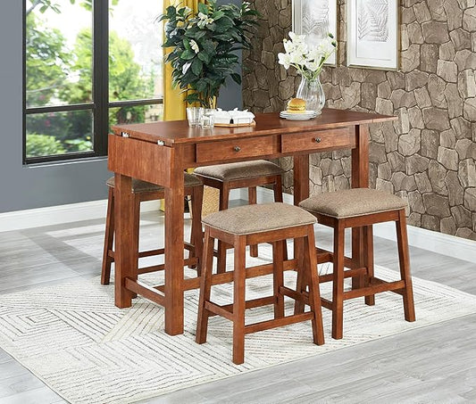 GTU Furniture 5-Piece Elegant Wood Veneer Counter High Top Kitchen Dining/Bar Extendable Brown Table with Barstools(1xTable+4xBarstool)