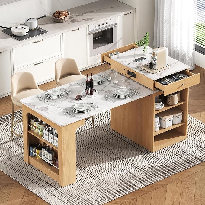Modern Dining Table Extendable Kitchen Island with, Power Outlet, 2 Drawers, Shelves, Wood Countertop for Living Room Dining Area,Natural-MDF