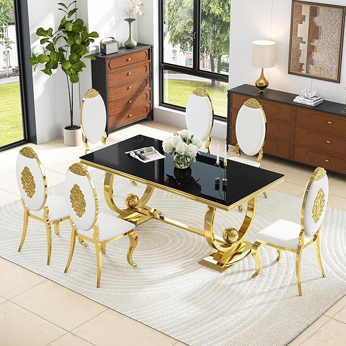 7-Piece Modern Dining Table Set, 70" Black Tempered Glass Kitchen Table with Gold Polished Stainless Steel U-Shaped Pedestal Base and 6 White PU Leather Chairs with Mirrored Legs, for Dining Room