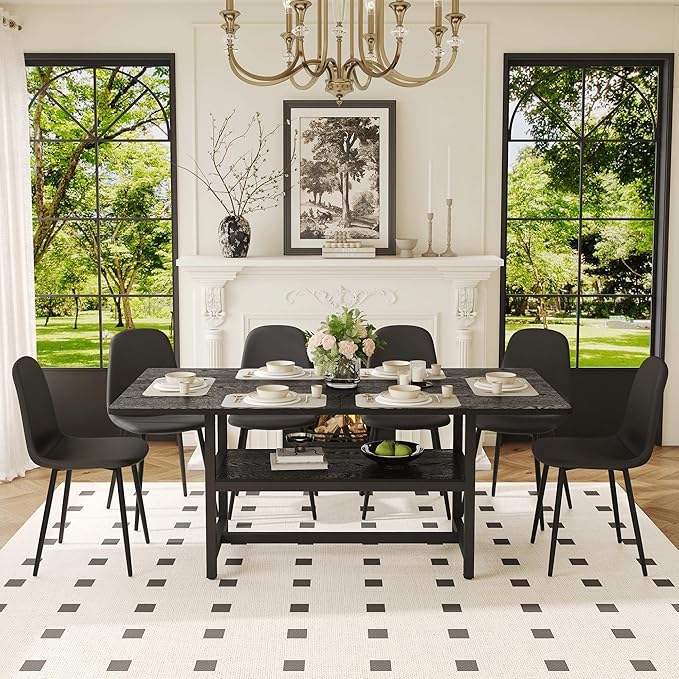 Dining Table Set with Storage and 6 Chairs, 71x35.4 Inch Black Grain Spliced Table with PU Upholstered Seats, Modern Mid-Century Style for Kitchen and Dining Room, Family Gatherings