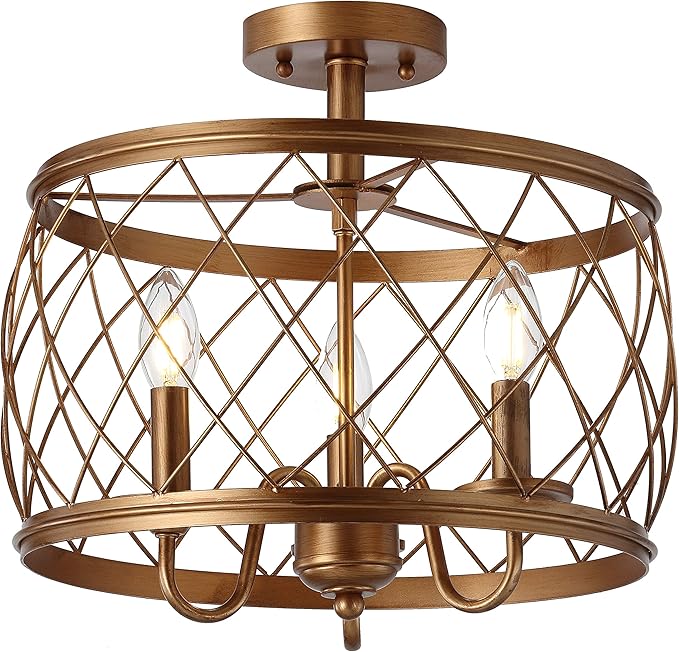 JONATHAN Y 15" Antiqued Gold LED Semi Flush Mount Ceiling Light, 3-Light Modern Industrial Drum Fixture for Bedroom Living Room Hallway, Gold Metal Cage Shade JYL9037A