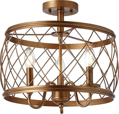 JONATHAN Y 15" Antiqued Gold LED Semi Flush Mount Ceiling Light, 3-Light Modern Industrial Drum Fixture for Bedroom Living Room Hallway, Gold Metal Cage Shade JYL9037A