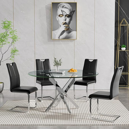 47.2'' Round Glass Dining Table for 4, Round Dining Room Table with X-Shape Metal Legs, Clear Circular Top Glass Silver Kitchen Table for 4, Perfect for Apartment Small Space